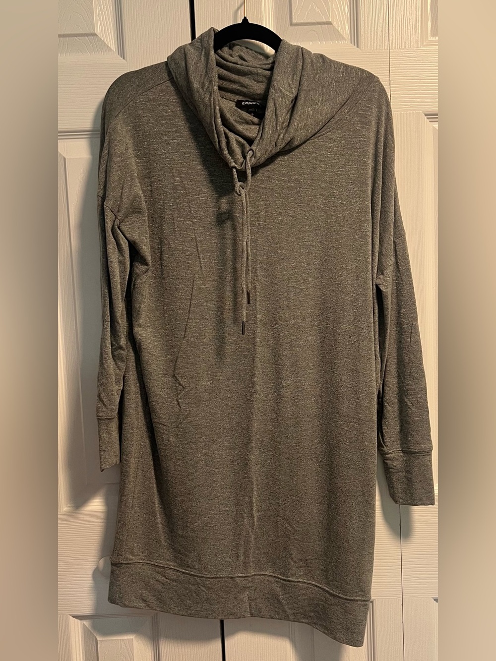 Express Gray Heathered Cowl-Neck Drawstring Tunic Sweatshirt Dress